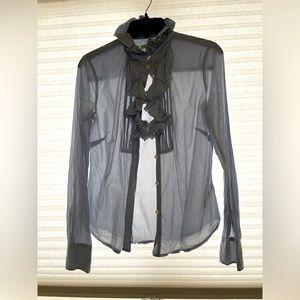 j crew blue and white stripe button down with ruffles